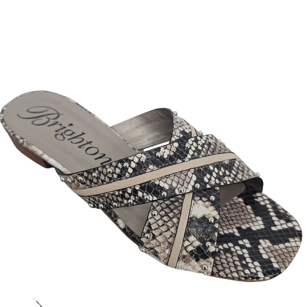 Brighton‎ Narnia Snakeskin Studded Crisscross Slide Sandals Black Grey 7M Brazil